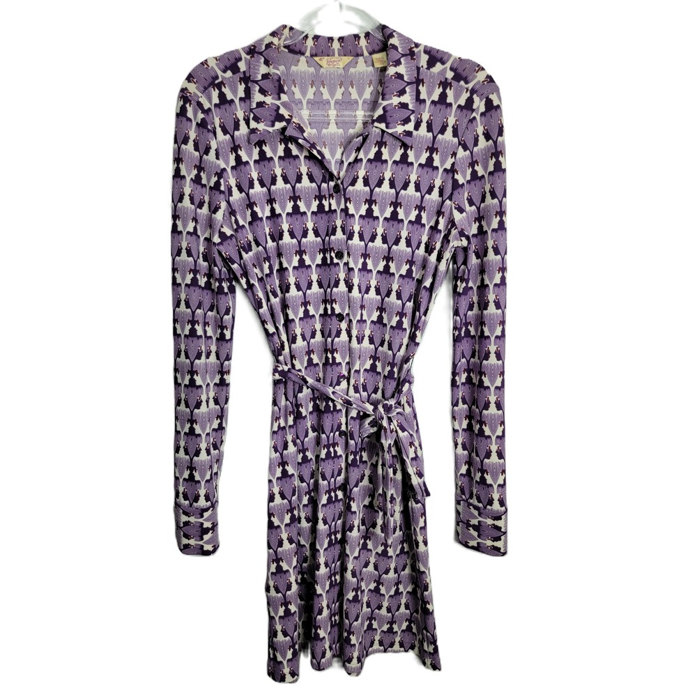 Original Penguin Womens Purple Graphic Face‎ Print Shirt Dress Medium Belted Mod